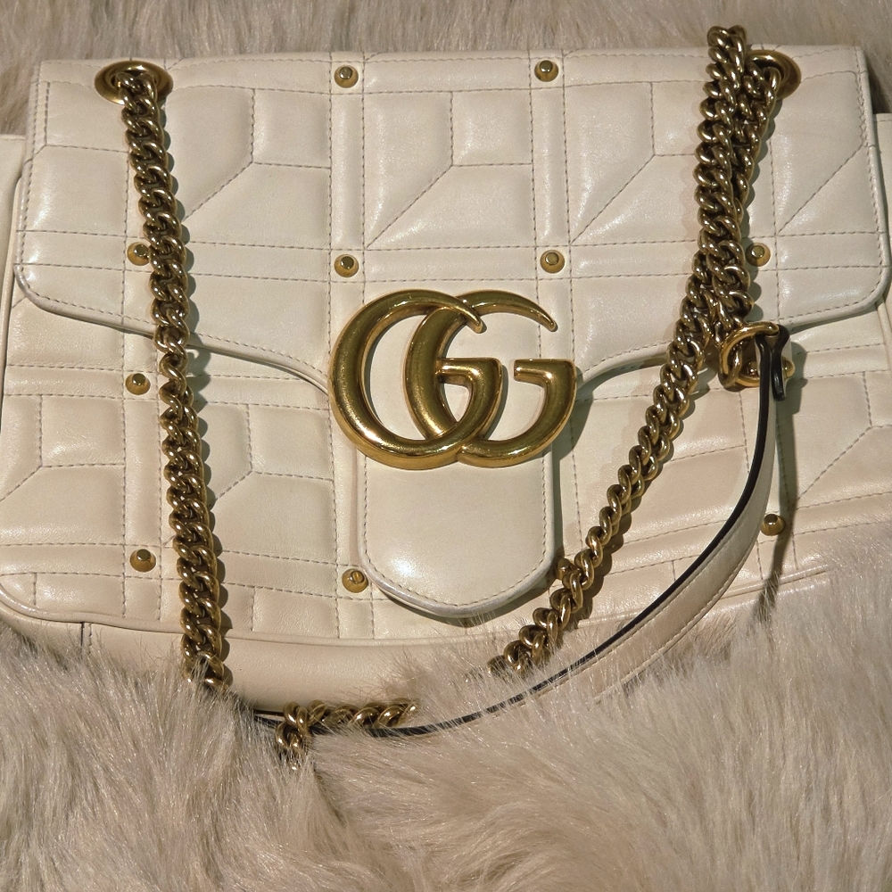 Gucci Marmont Studded White Quilted Shoulder Bag with Gold Hardware